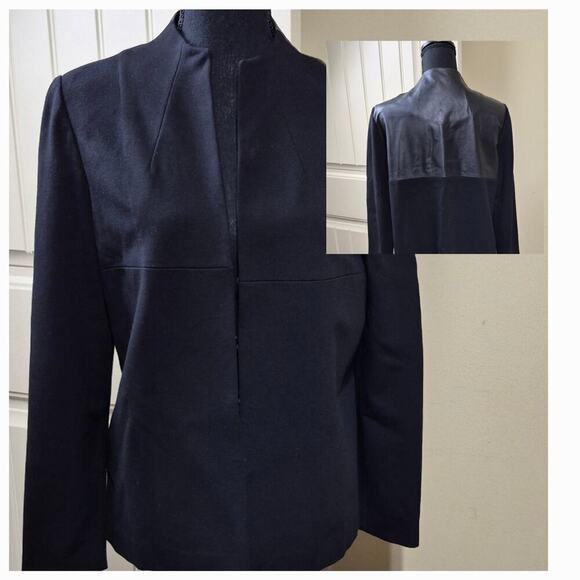 Lafayette 148 New York Viscose Leather Blazer Medium Collarless Jacket Black - Picture 1 of 8